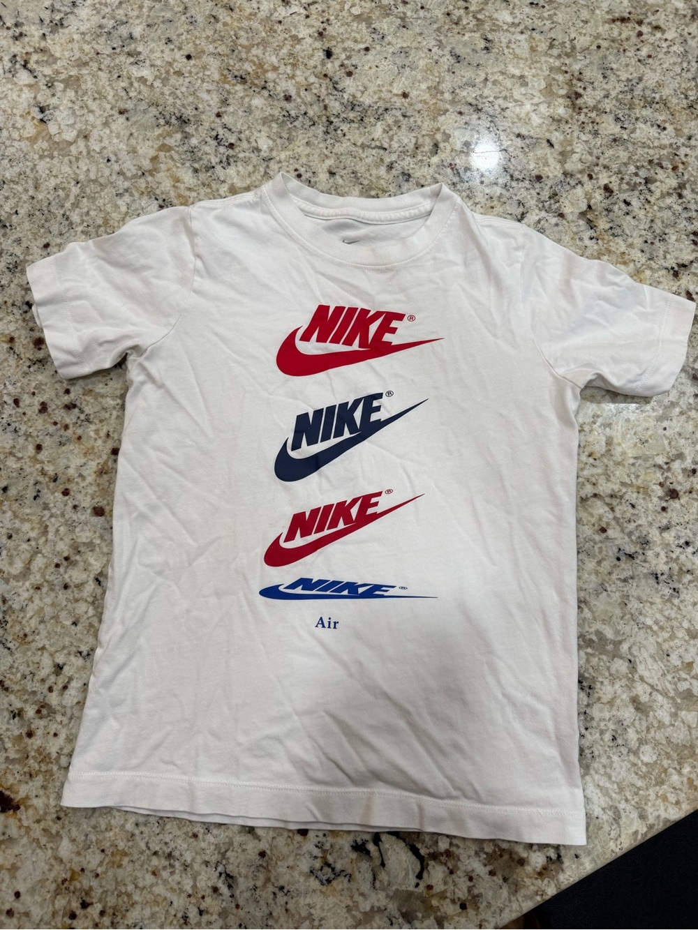 Nike White Kids Short Sleeve Tee with Red & Navy Logos